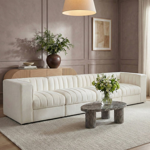 Talia Cream Velvet Performance Fabric Upholstered Sofa, 4-Piece (Style 3)