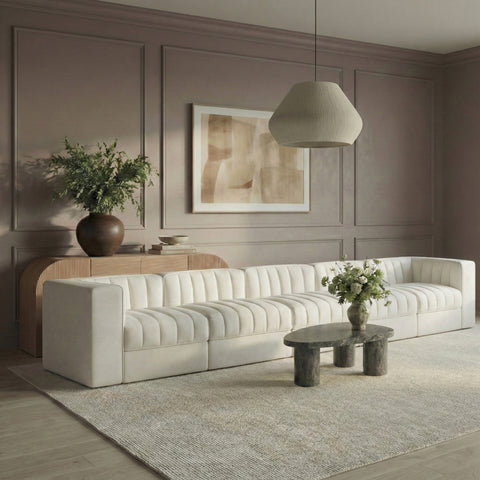 Talia Cream Velvet Performance Fabric Upholstered Sofa, 5-Piece