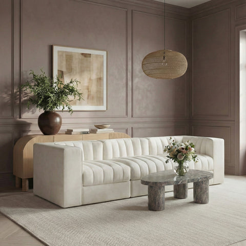 Talia Cream Velvet Performance Fabric Upholstered Sofa, 3-Piece (Style 2)