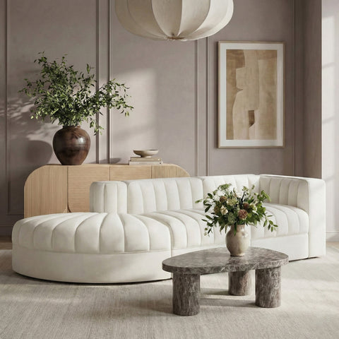 Talia Cream Velvet Performance Fabric Upholstered Sectional, 3-Piece