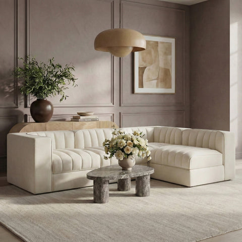 Talia Cream Velvet Performance Fabric Upholstered Sectional, 4-Piece (Style 2)