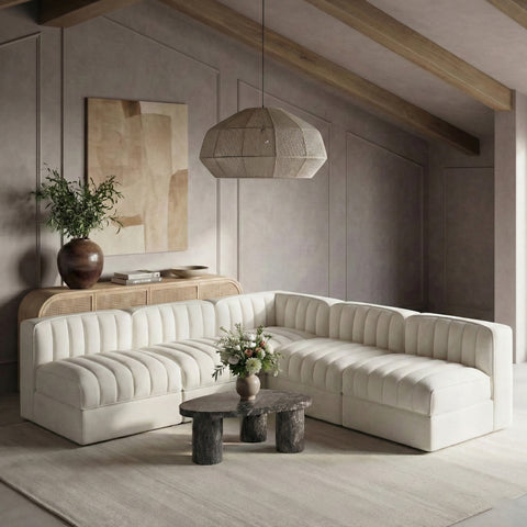 Talia Cream Velvet Performance Fabric Upholstered Sectional, 5-Piece