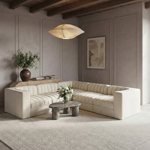 Talia Cream Velvet Performance Fabric Upholstered Sectional, 5-Piece (Style 3)