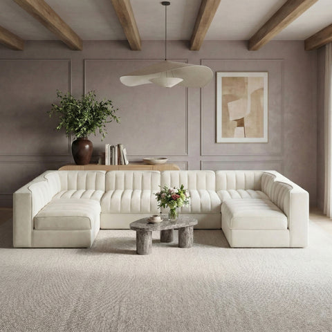 Talia Cream Velvet Performance Fabric Upholstered Sectional, 6-Piece
