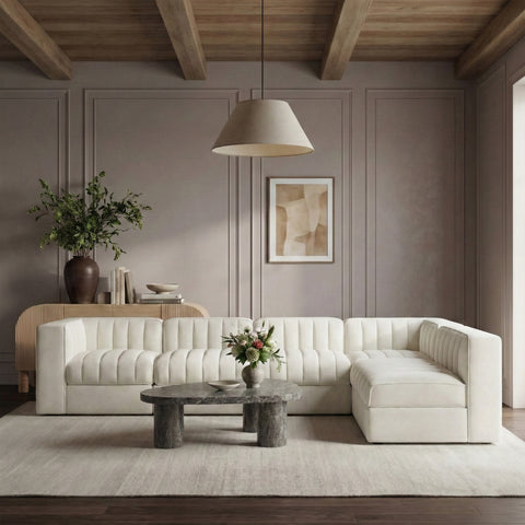 Talia Cream Velvet Performance Fabric Upholstered Sectional, 6-Piece (Style 2)