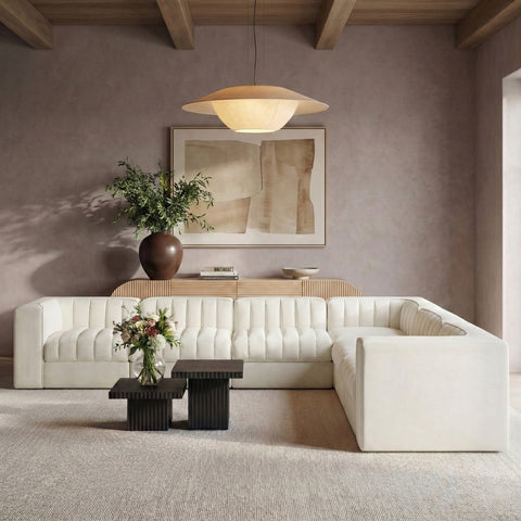 Talia Cream Velvet Performance Fabric Upholstered Sectional, 7-Piece