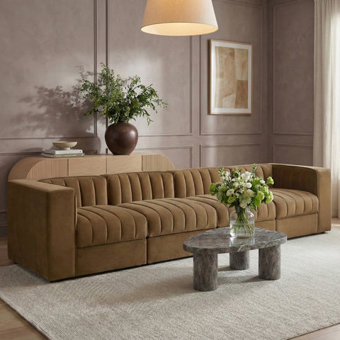 Talia Saddle Velvet Performance Fabric Upholstered Sofa, 4-Piece (Style 3)