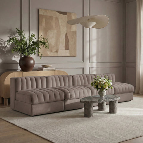 Talia Taupe Velvet Performance Fabric Upholstered Sofa, 4-Piece (Style 2)