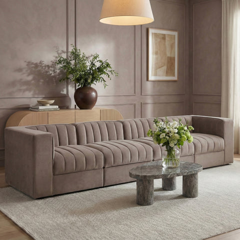 Talia Taupe Velvet Performance Fabric Upholstered Sofa, 4-Piece (Style 3)