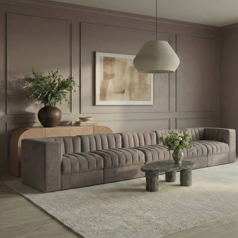 Talia Taupe Velvet Performance Fabric Upholstered Sofa, 5-Piece