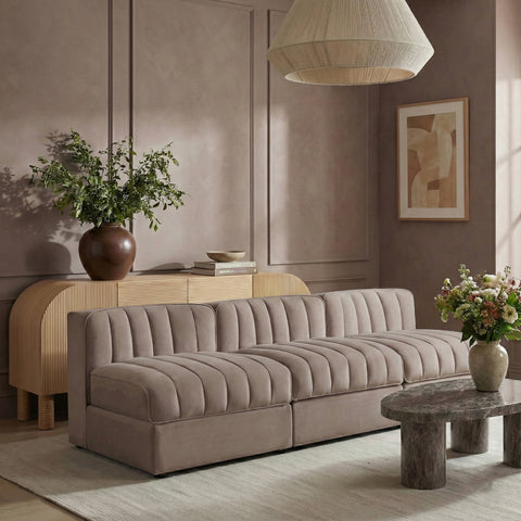 Talia Taupe Velvet Performance Fabric Upholstered Sofa, 3-Piece