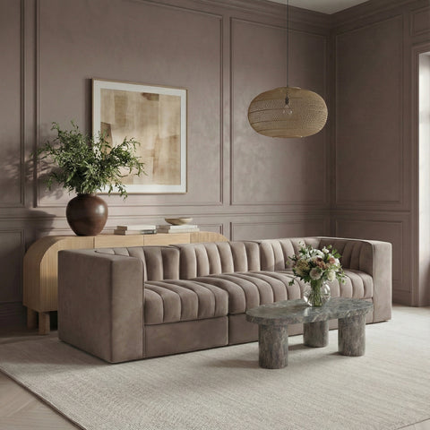 Talia Taupe Velvet Performance Fabric Upholstered Sofa, 3-Piece (Style 2)