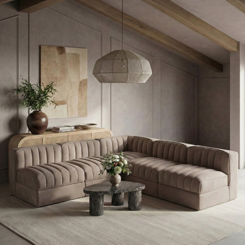Talia Taupe Velvet Performance Fabric Upholstered Sectional, 5-Piece