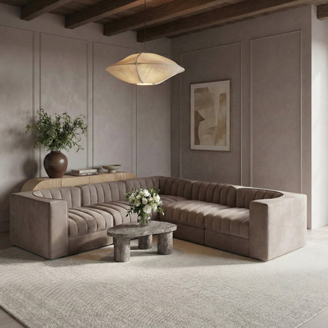 Talia Taupe Velvet Performance Fabric Upholstered Sectional, 5-Piece (Style 2)