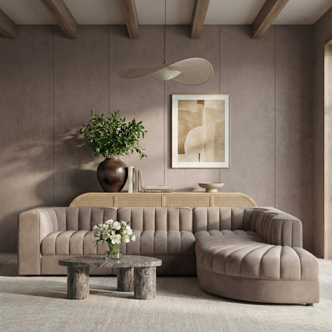 Talia Taupe Velvet Performance Fabric Upholstered Sectional, 5-Piece (Style 3)