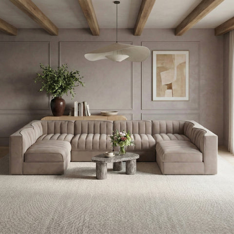 Talia Taupe Velvet Performance Fabric Upholstered Sectional, 6-Piece