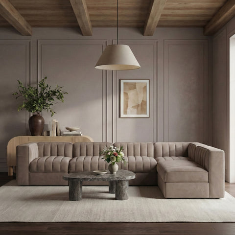 Talia Taupe Velvet Performance Fabric Upholstered Sectional, 6-Piece (Style 2)
