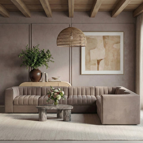 Talia Taupe Velvet Performance Fabric Upholstered Sectional, 6-Piece (Style 4)
