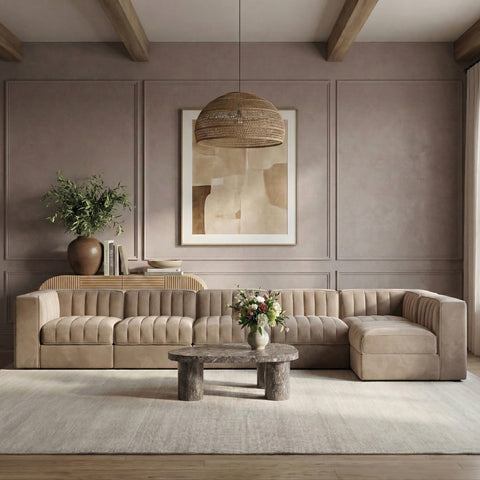 Talia Taupe Velvet Performance Fabric Upholstered Sectional, 6-Piece (Style 5)