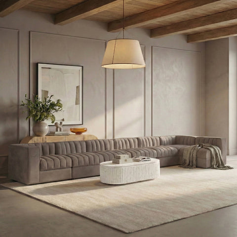 Talia Taupe Velvet Performance Fabric Upholstered Sectional, 7-Piece (Style 4)