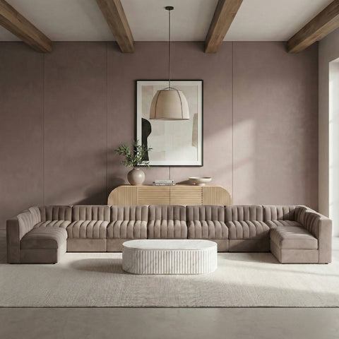 Talia Taupe Velvet Performance Fabric Upholstered Sectional, 9-Piece