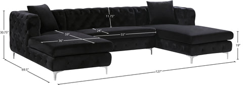 Greer 127" Black Velvet Upholstered Sectional, 3-Piece