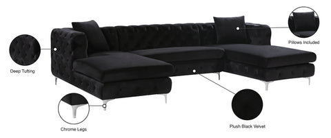 Greer 127" Black Velvet Upholstered Sectional, 3-Piece