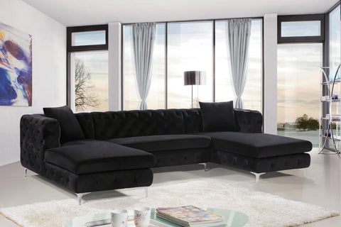 Greer 127" Black Velvet Upholstered Sectional, 3-Piece