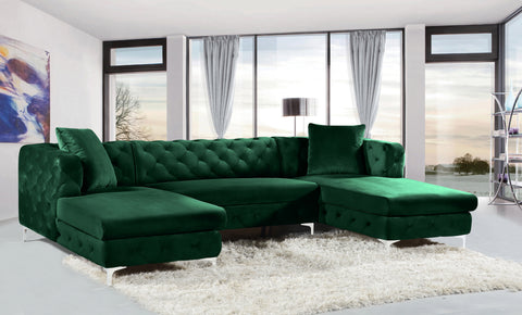 Greer 127" Green Velvet Upholstered Sectional, 3-Piece