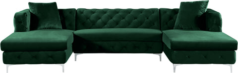 Greer 127" Green Velvet Upholstered Sectional, 3-Piece
