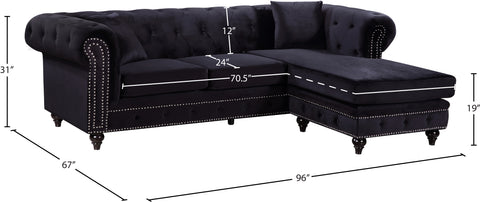 Harlow 96" Black Velvet Upholstered Reversible Sectional, 2-Piece
