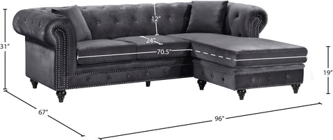 Harlow 96" Grey Velvet Upholstered Reversible Sectional, 2-Piece