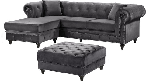 Harlow 96" Grey Velvet Upholstered Reversible Sectional, 2-Piece