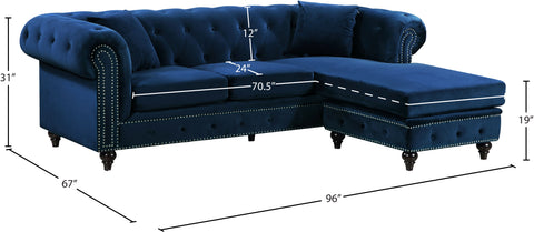 Harlow 96" Navy Velvet Upholstered Reversible Sectional, 2-Piece