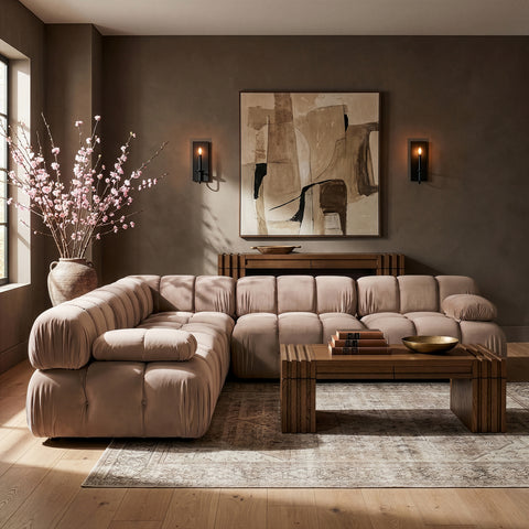 Camden Beige Velvet Performance Fabric Upholstered Sectional, 5-Piece (Style 2)