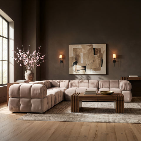 Camden Beige Velvet Performance Fabric Upholstered Sectional, 5-Piece (Style 3)
