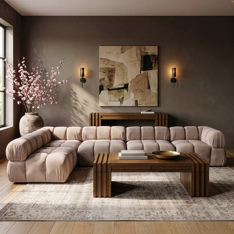 Camden Beige Velvet Performance Fabric Upholstered Sectional, 5-Piece (Style 4)