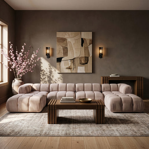 Camden Beige Velvet Performance Fabric Upholstered Sectional, 6-Piece (Style 4)