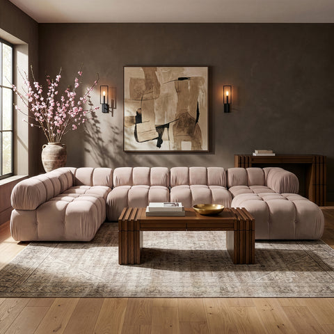 Camden Beige Velvet Performance Fabric Upholstered Sectional, 6-Piece (Style 5)
