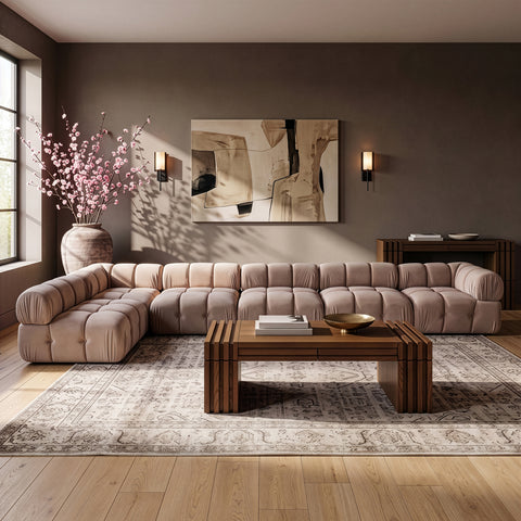 Camden Beige Velvet Performance Fabric Upholstered Sectional, 6-Piece (Style 6)