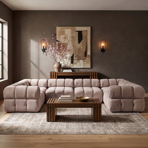 Camden Beige Velvet Performance Fabric Upholstered Sectional, 6-Piece (Style 7)