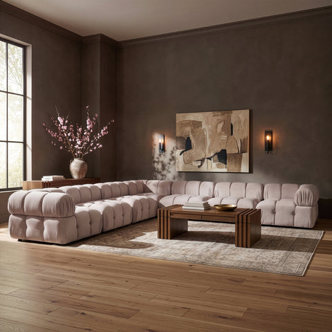 Camden Beige Velvet Performance Fabric Upholstered Sectional, 7-Piece