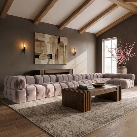 Camden Beige Velvet Performance Fabric Upholstered Sectional, 7-Piece (Style 5)