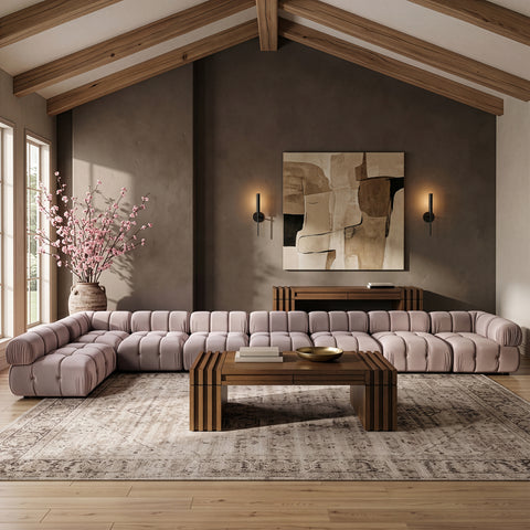 Camden Beige Velvet Performance Fabric Upholstered Sectional, 8-Piece (Style 4)