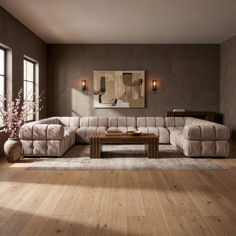 Camden Beige Velvet Performance Fabric Upholstered Sectional, 9-Piece