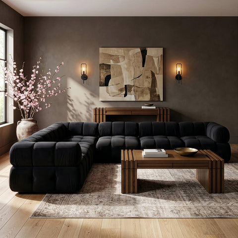 Camden Black Velvet Performance Fabric Upholstered Sectional, 6-Piece