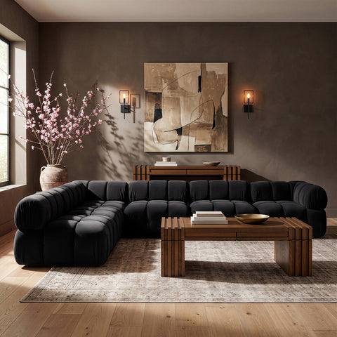 Camden Black Velvet Performance Fabric Upholstered Sectional, 6-Piece (Style 2)