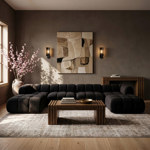 Camden Black Velvet Performance Fabric Upholstered Sectional, 6-Piece (Style 4)