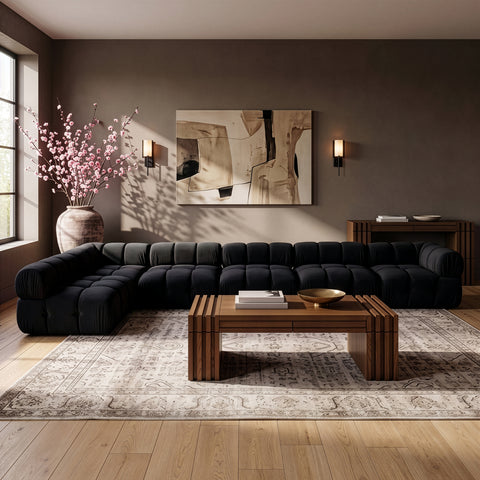 Camden Black Velvet Performance Fabric Upholstered Sectional, 6-Piece (Style 6)