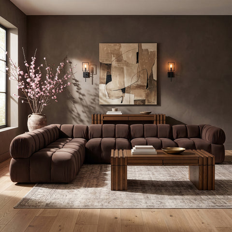 Camden Brown Velvet Performance Fabric Upholstered Sectional, 6-Piece (Style 2)